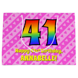 41. Geburtstag: Rosa Streifen & Herz, Regenbogen # Große Geschenktüte