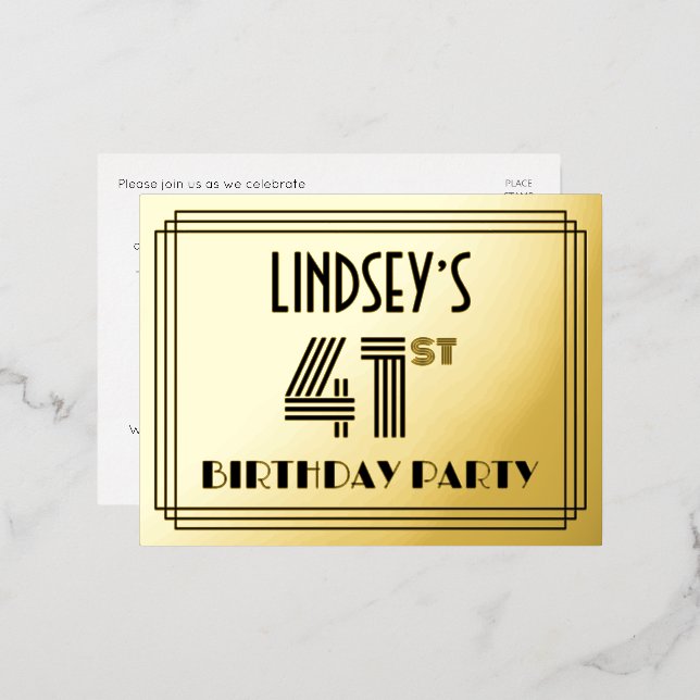 41st Birthday Party ~ Art Deco Style “41” + Name Folie Einladungspostkarte (Vorderseite/Rückseite)