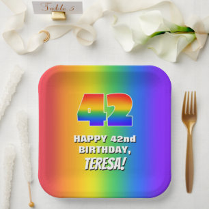 42. Geburtstag: Farbiges, lustiges Regenbogenmuste Pappteller