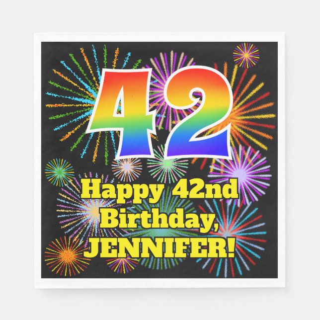42. Geburtstag: Fun Fireworks Pattern + Rainbow 42 Serviette (Vorderseite)