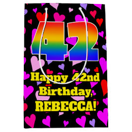 42. Geburtstag: Loving Hearts Pattern, Regenbogen Mittlere Geschenktüte