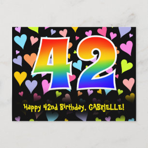 42. Geburtstag: Lustiges Herzen-Muster, Regenbogen Postkarte
