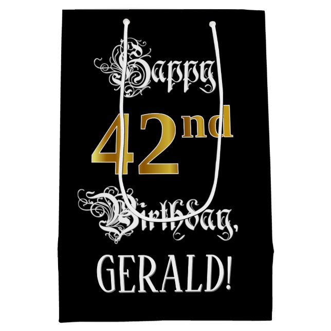 42nd Birthday ~ Fancy Script; Faux Gold Look; Name Mittlere Geschenktüte (Rückseite)