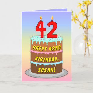 42nd Birthday — Fun Cake & Candles, w/ Custom Name Karte
