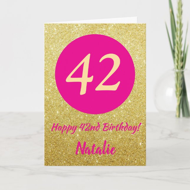 42nd Happy Birthday Hot Pink and Gold Glitter Karte (Vorderseite)