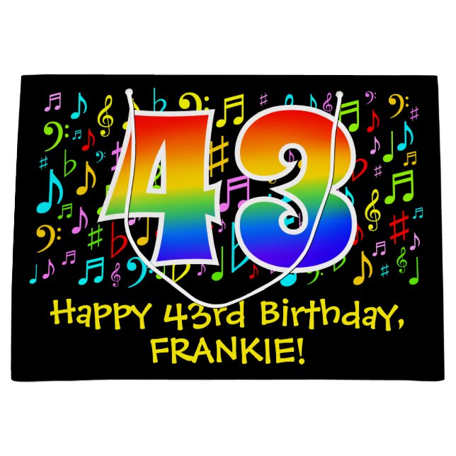 43. Geburtstag - Farbige Musiksymbole, Regenbogen  Große Geschenktüte (Vorderseite)