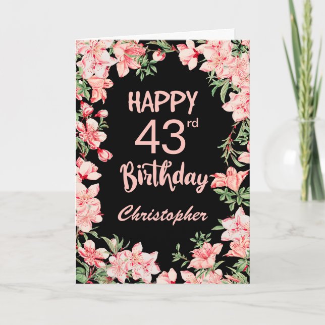43. Geburtstag Pink Peach Aquarell Floral Black Karte (Vorderseite)