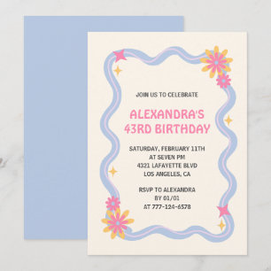 43. Geburtstags-Einladung Retro Groovy Blue Blumen Einladung