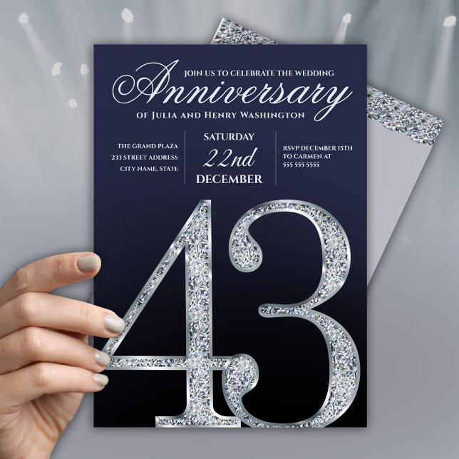 43rd Anniversary Diamond Silver Navy Blue Einladung (Von Creator hochgeladen)