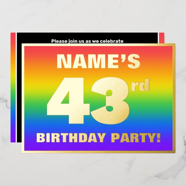 43rd Birthday Party: Fun, Colorful Rainbow Pattern Folieneinladung (Vorderseite/Rückseite)