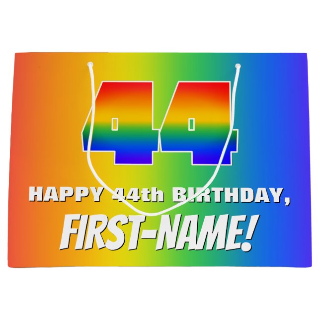 44. Geburtstag: Farbiges, lustiges Regenbogenmuste Große Geschenktüte (Vorderseite)