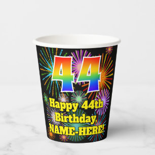 44. Geburtstag: Fun Fireworks Pattern + Rainbow 44 Pappbecher
