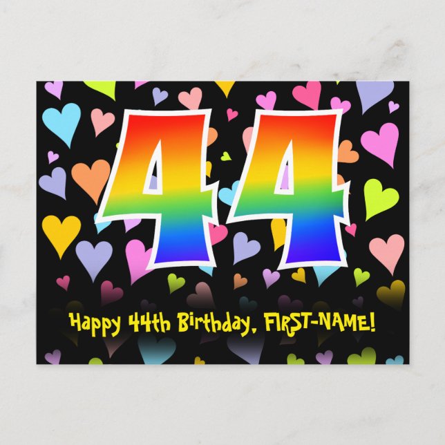 44. Geburtstag: Fun Hearts Muster, Regenbogen 44 Postkarte (Vorderseite)