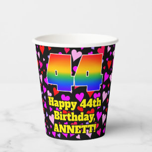 44. Geburtstag: Loving Hearts Pattern, Regenbogen Pappbecher