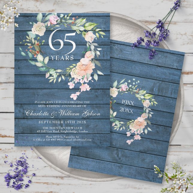 45. 65. Hochzeitstag Blumenblau Rustikal Einladung (45th 65th Wedding Anniversary Floral Blue Rustic Invitation)