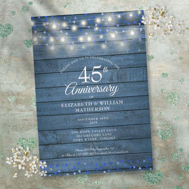 45. 65. Jubiläum String Lights Wood Hearts Einladung (45th 65th Anniversary String Lights Wood Hearts Invitation)