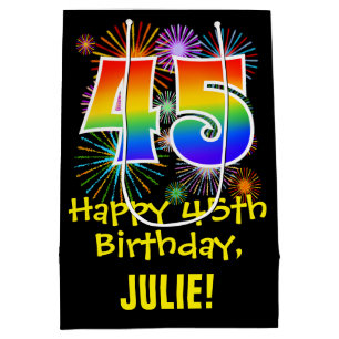 45. Geburtstag: Fun Fireworks Pattern + Rainbow 45 Mittlere Geschenktüte