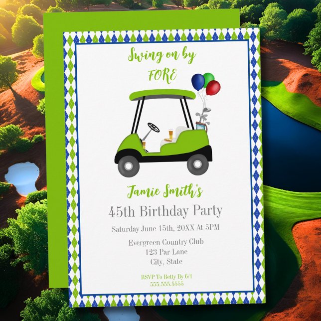 45. Geburtstag Herren Golf Cart Elegante Einladung (Von Creator hochgeladen)