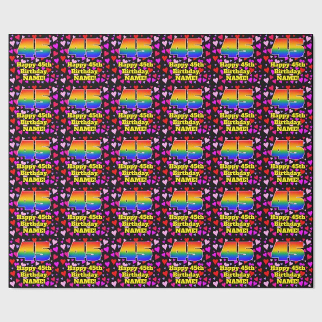 45. Geburtstag: Loving Hearts Pattern, Regenbogen  Geschenkpapier (Saum)