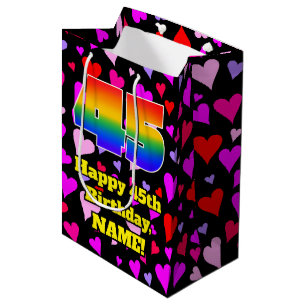 45. Geburtstag: Loving Hearts Pattern, Regenbogen Mittlere Geschenktüte