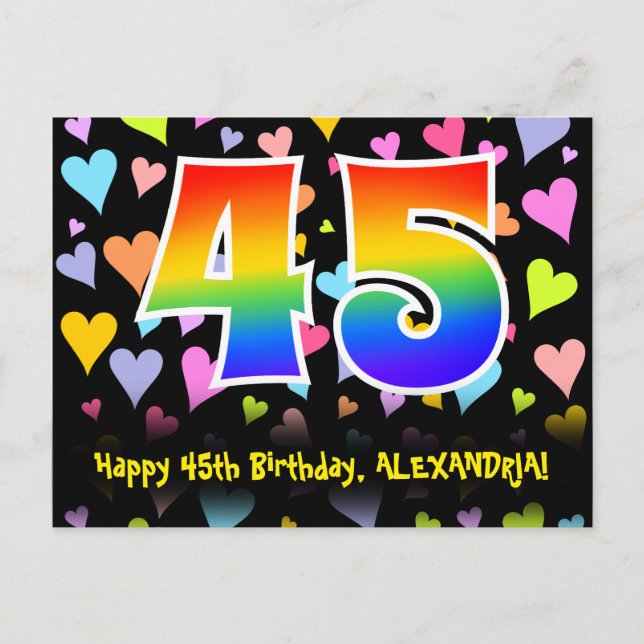 45. Geburtstag: Lustiges Herzen-Muster, Regenbogen Postkarte (Vorderseite)