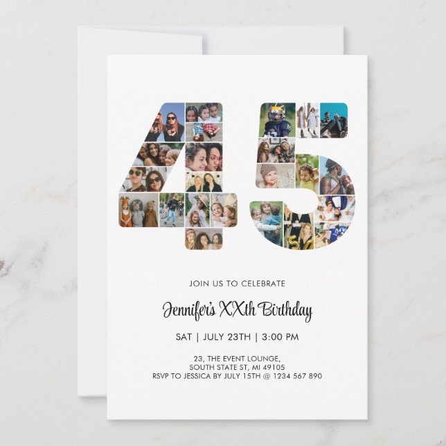 45. Geburtstag Nr. 45 Custom Foto Collage Einladung (Vorderseite)