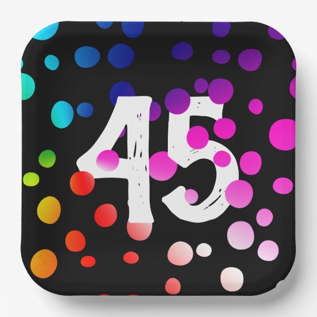 45. Geburtstag Rainbow Dots auf Black Pappteller (Vorderseite)