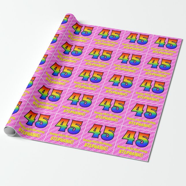 45. Geburtstag: Rosa Streifen & Herz, Regenbogen # Geschenkpapier (Ungerollt)