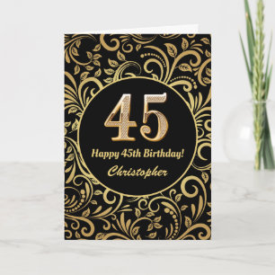 45. Geburtstag Schwarz und Gold Floral Muster Karte