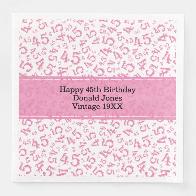 45. Geburtstag Zahlenmuster Rosa/Weiß Serviette (Vorderseite)