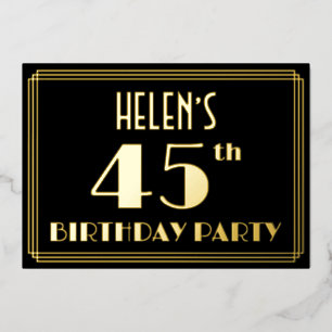45. Geburtstagsparty: Art Deco Look "45", w/ Name  Folieneinladung