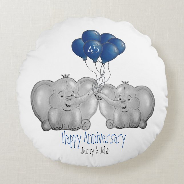 45. Saphir Hochzeitstag Elefant Rundes Kissen (Vorderseite)