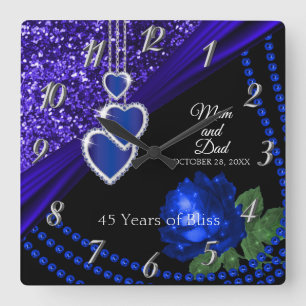 45. Sapphire Blue Glitzer and Rose Jubiläum Quadratische Wanduhr