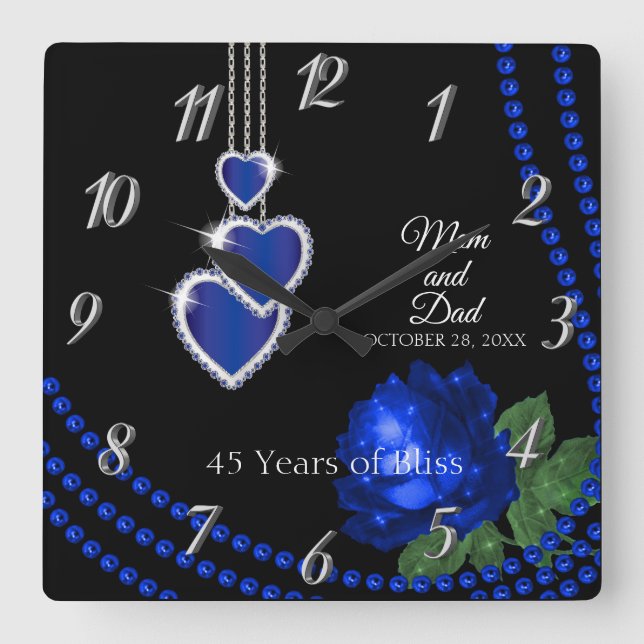 45. Sapphire Blue Rose Jubiläum Quadratische Wanduhr (Vorderseite)