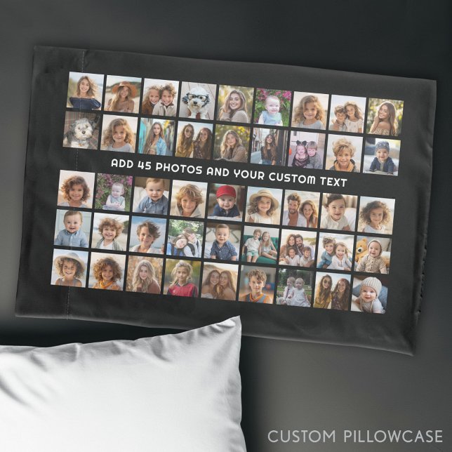 45 Square Foto Collage Grid mit Text - schwarz Kissenbezug (Custom Photo Collage Pillowcase)