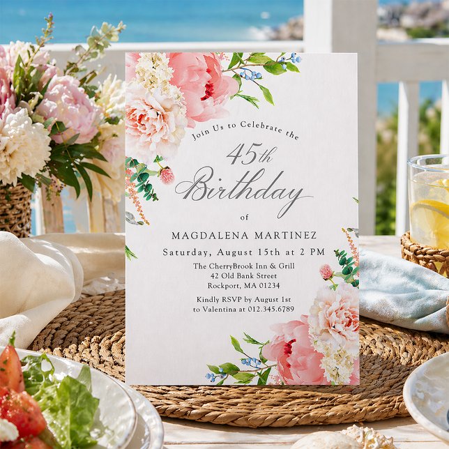 45th Birthday Party Feminine Pink Roses Floral Einladung (Von Creator hochgeladen)