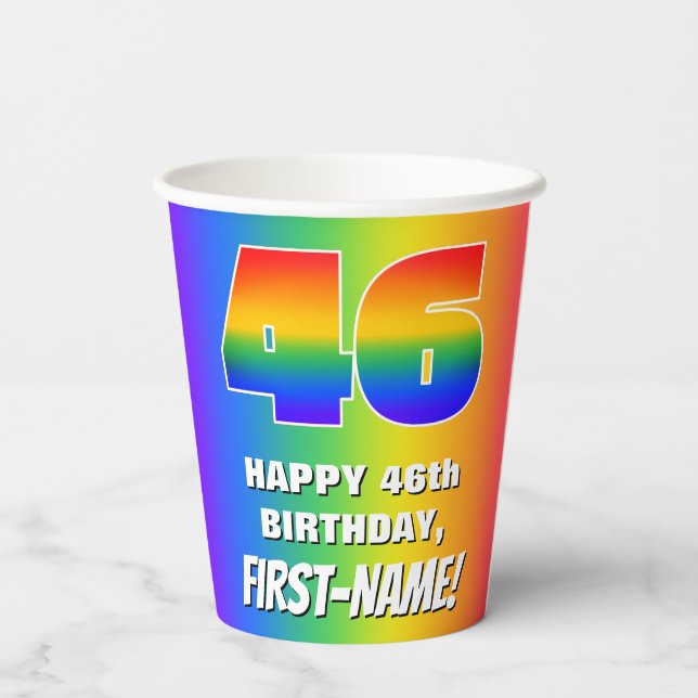 46. Geburtstag: Farbiges, lustiges Regenbogenmuste Pappbecher (Rückseite)