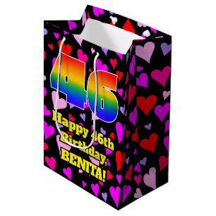 46. Geburtstag: Loving Hearts Pattern, Regenbogen  Mittlere Geschenktüte