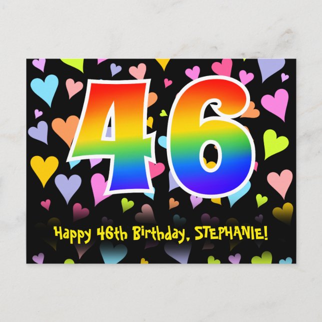 46. Geburtstag: Lustiges Herzen-Muster, Regenbogen Postkarte (Vorderseite)
