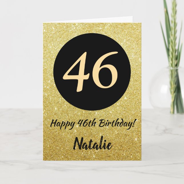 46. Happy Birthday Black and Gold Glitzer Card Karte (Vorderseite)