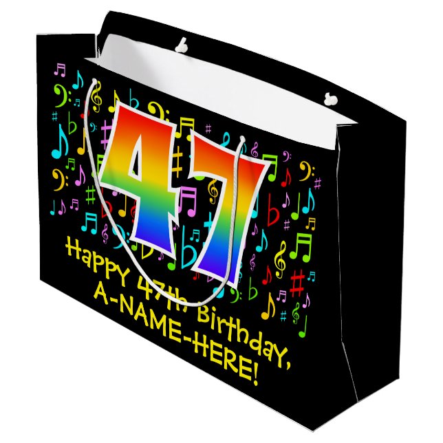 47. Geburtstag - Farbige Musiksymbole, Regenbogen  Große Geschenktüte (Rückseite Schrägansicht)