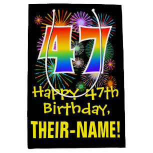 47. Geburtstag: Fun Fireworks Pattern + Rainbow 47 Mittlere Geschenktüte