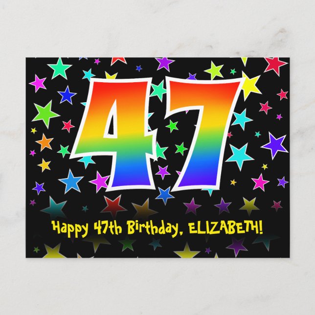 47. Geburtstag: Fun Stars Pattern, Regenbogen 47,  Postkarte (Vorderseite)