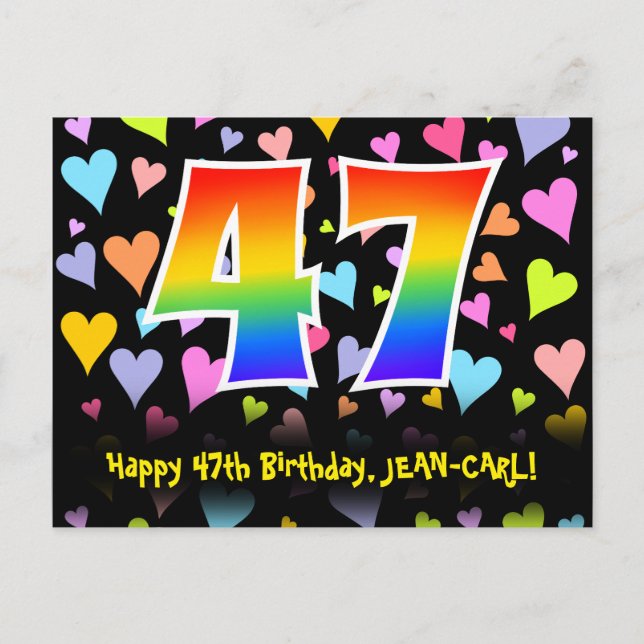 47. Geburtstag: Lustiges Herzen-Muster, Regenbogen Postkarte (Vorderseite)