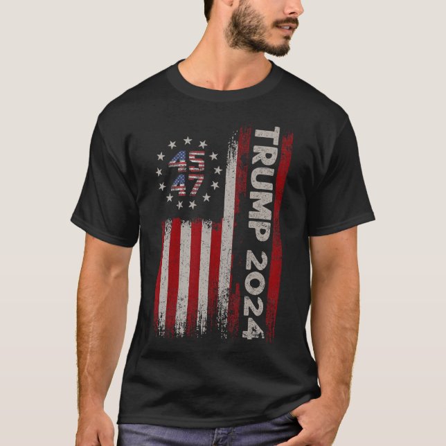 47 Trump 2024 Amerikanische Flagge T-Shirt (Vorderseite)