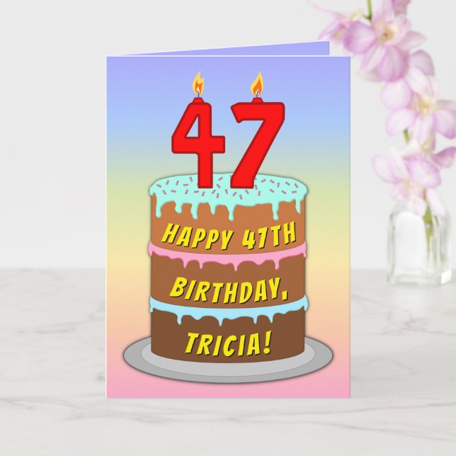 47th Birthday — Fun Cake & Candles, w/ Custom Name Karte (Orchidee)
