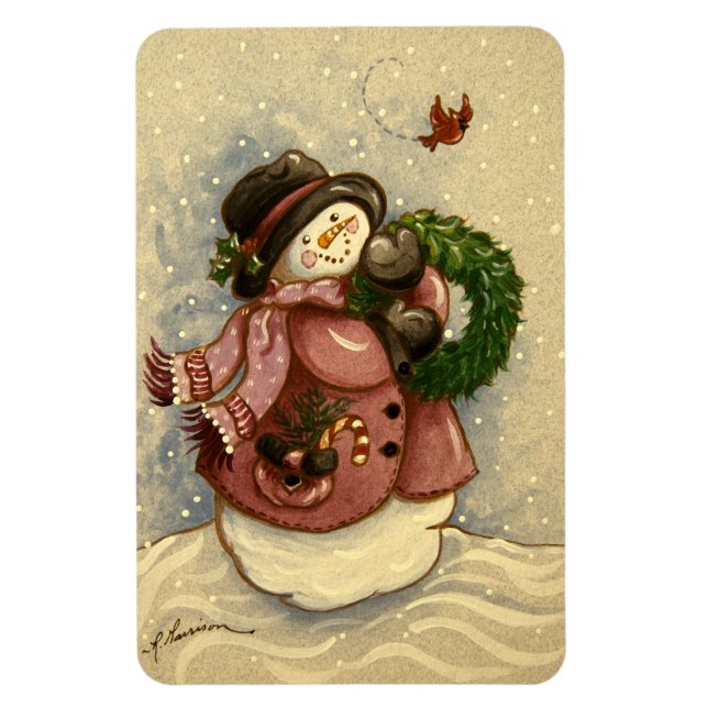 4886 Snowman Wreath-Kardinal Magnet (Vertikal)