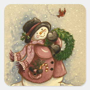 4886 Snowman Wreath-Kardinal Quadratischer Aufkleber