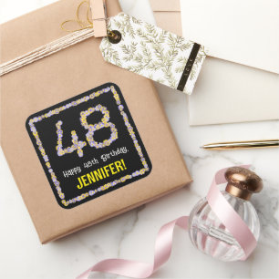 48. Geburtstag: Blumennummer, Individuelle Name, B Quadratischer Aufkleber