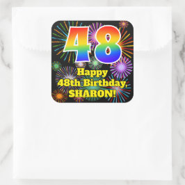 48. Geburtstag: Fun Fireworks Look, Rainbow # 48 Quadratischer Aufkleber